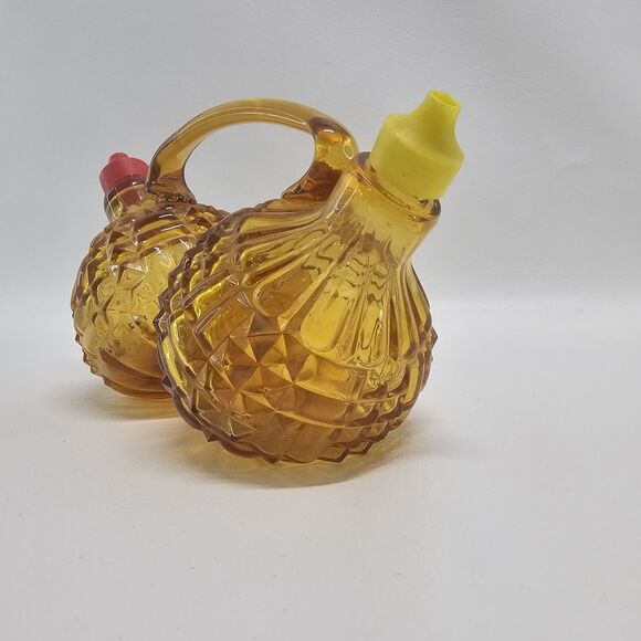 Vtg Amber Glass Oil Vinegar Cruet Set Diamond Pattern Red Yellow Spout Handle - Picture 9 of 13